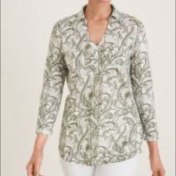 Chico's linen green and white Floral one pocket Button Down top size 2/L/12 - Picture 1 of 8